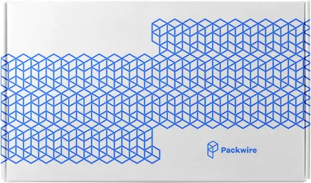 Blue and white custom branded box with Packwire Logo