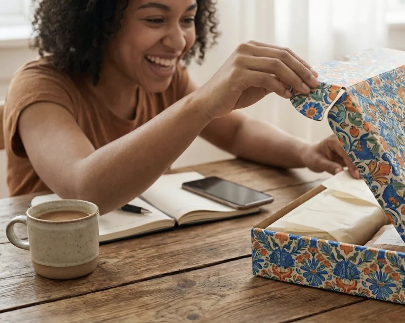 Happy customer opening a custom printed Packwire mailer box